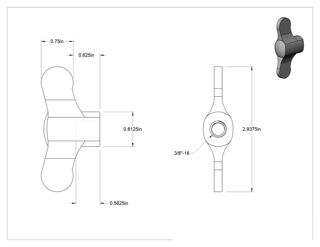 Teknik Çizim - Paslanmaz Çelik İki Kollu Topuz, 3/8"-16 Dişli Delikli