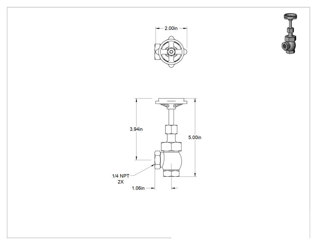 Teknik Çizim - Tekerlek Saplı Bronz Akış Ayar Vanası, Dirsek, PTFE Disk, 1/4 NPT Dişi