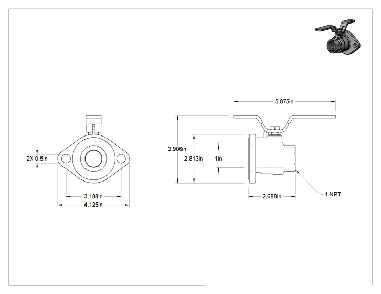 Teknik Çizim - Tek Flanşlı Açma/Kapama Vanası, 1 NPT Dişi