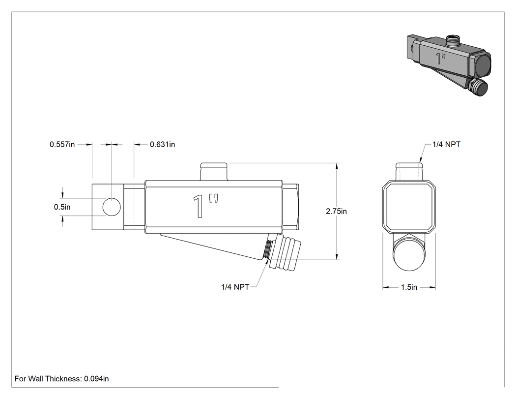Teknik Çizim - Islak Malzeme için Havalı Çelik Vibratör, NPT Üst Girişli Yan Montaj, 113 lbs. Kuvvet @ 80 PSI