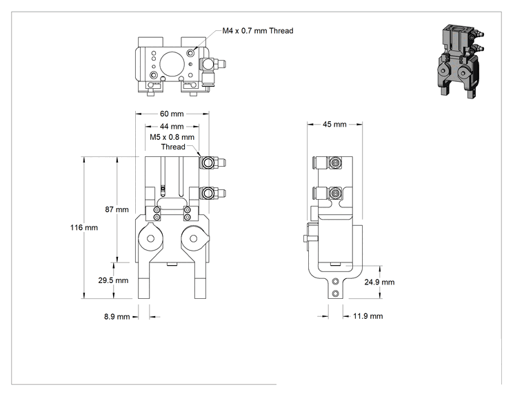 Teknik Çizim - Havalı Tutucu, Açılı, Zorlamalı Hava Çenesi Geri Dönüşü, IP67, 116 mm Toplam Uzunluk