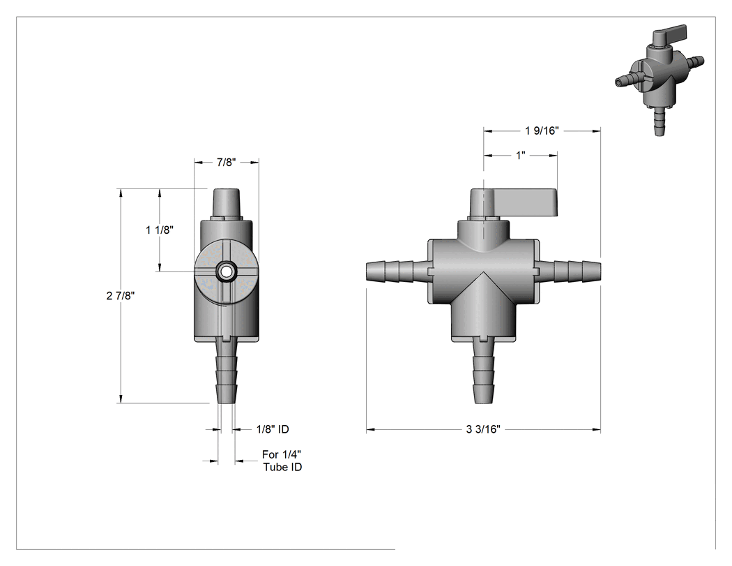 Teknik Çizim - 1/4" İç Çaplı Boru için Çıkıntılı Yön Değiştirme Vanası