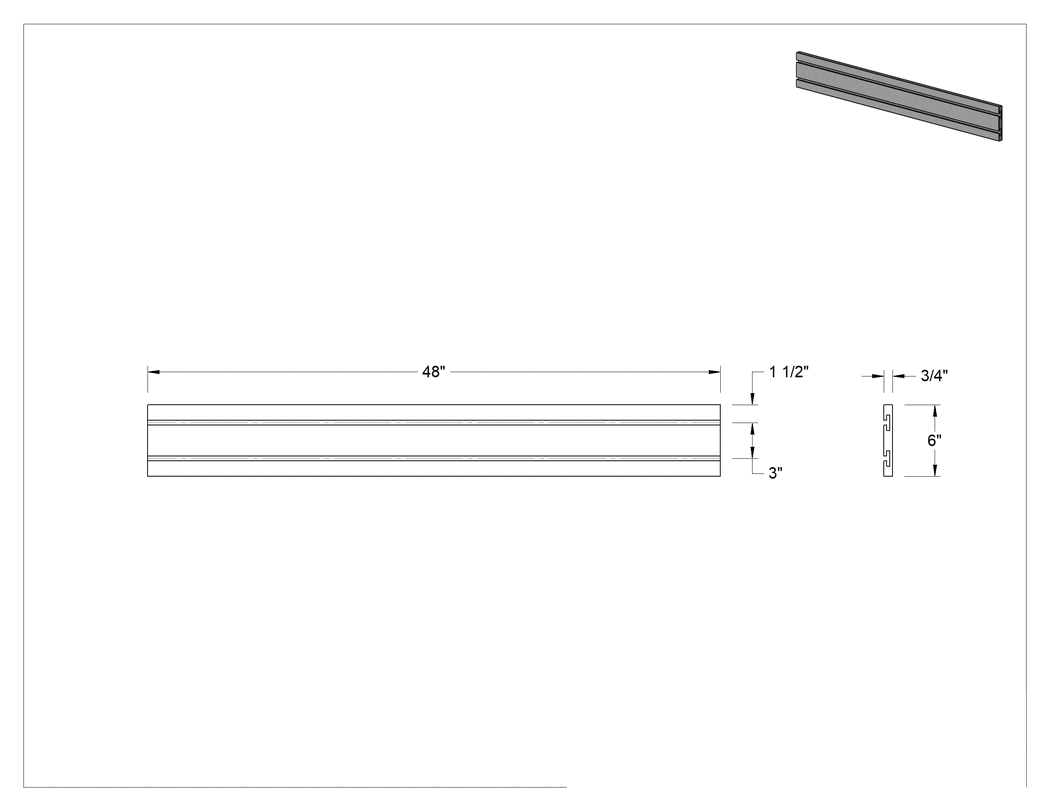 Teknik Çizim - Slatwall Şeridi, 48" Genişlik x 6" Yükseklik