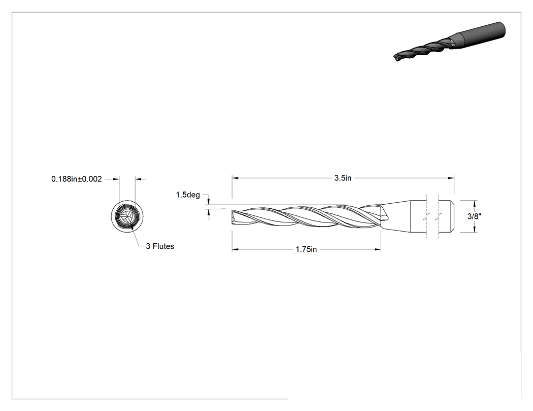Teknik Çizim - Kaplamasız Karbür Konik Kare Uçlu Freze, 3 Yiv, 1-1/2 Derece Konik, 3/16" Freze Çapı, 1-3/4" Uzunluğunda Kesim