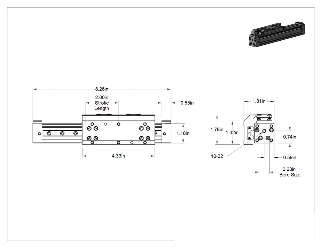 Teknik Çizim - Yüksek Yük Çubuksuz Hava Sürgüsü, 5/8" Delik Boyutu, 2" Strok Uzunluğu
