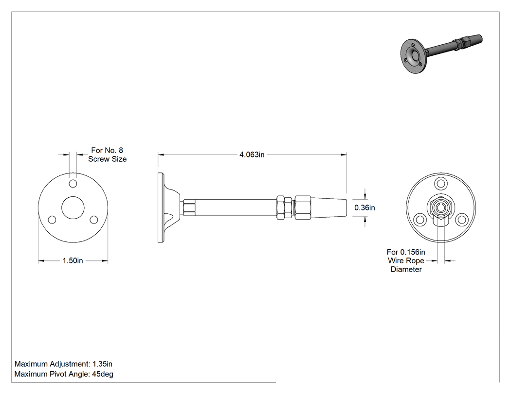 Teknik Çizim - Montaj Plakası-Tel Halat Gerdirme, Kaldırma Amaçlı Değildir, Kapalı, Manşon Tutucu, 5/32" Halat Çapı