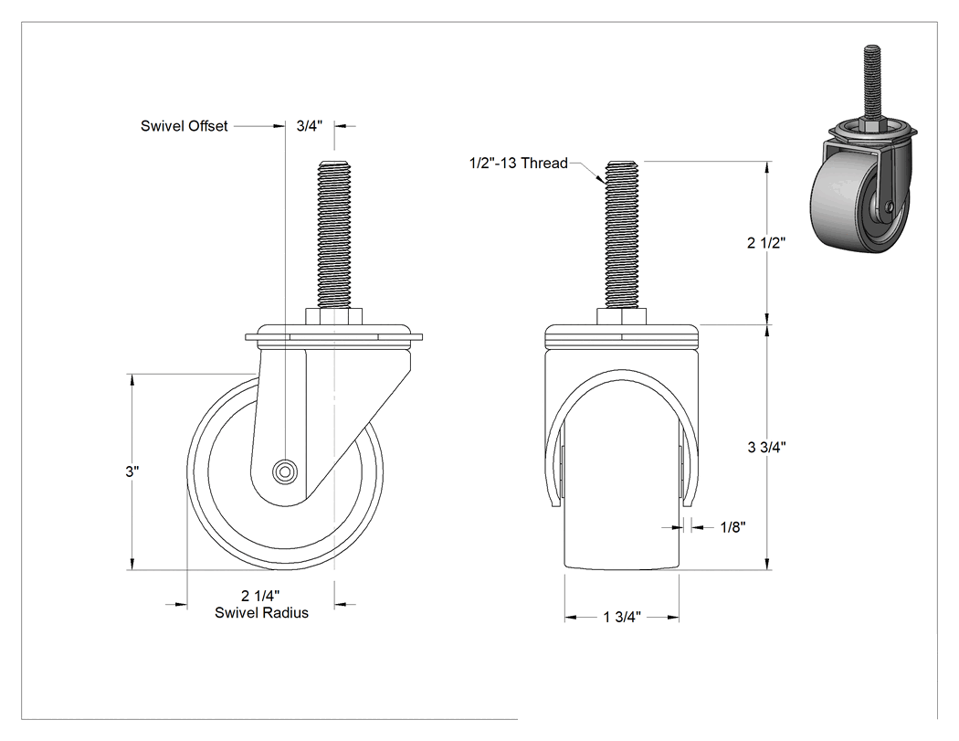 Teknik Çizim - Dişli Saplı Döner Tekerlek, 1/2"-13 Dişli ve 3" Çaplı Fenolik Tekerlek