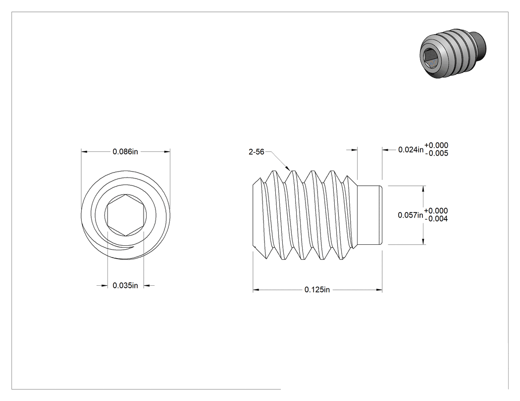 Teknik Çizim - Uzatılmış Uçlu Setskur, 18-8 Paslanmaz Çelik, 2-56 Diş, 1/8" Uzunluk