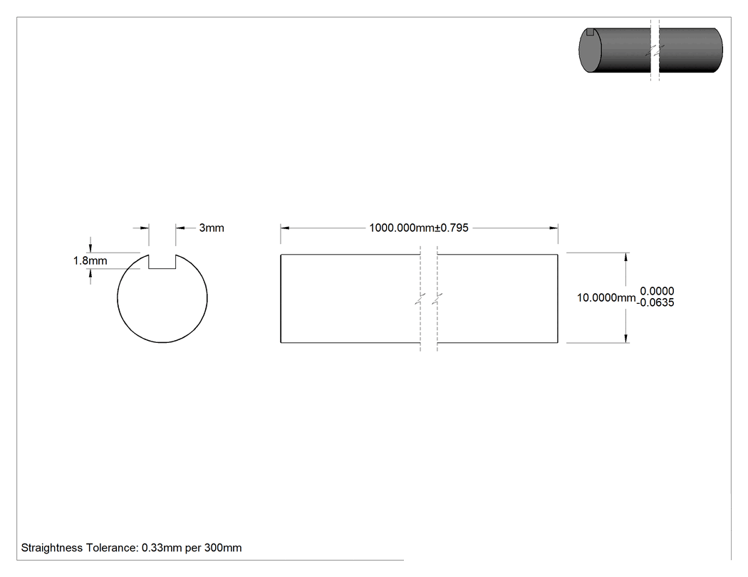 Teknik Çizim - 304 Paslanmaz Çelik Anahtarlı Döner Mil, Tam Anahtarlı, 10 mm Çap, 1000 mm Uzunluk