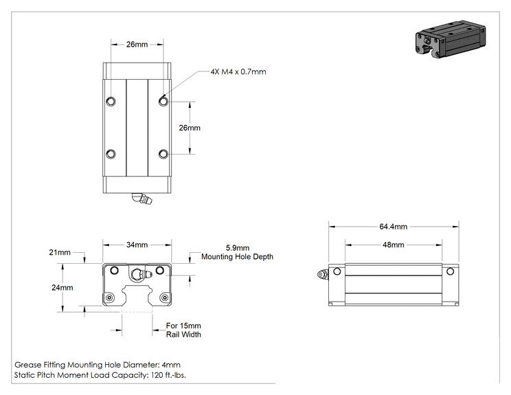 Teknik Çizim - Rulmanlı Taşıyıcı, Standart, 15 mm Genişlikli Ray için, 3150 lbs. Kapasite, 24 mm Yükseklik