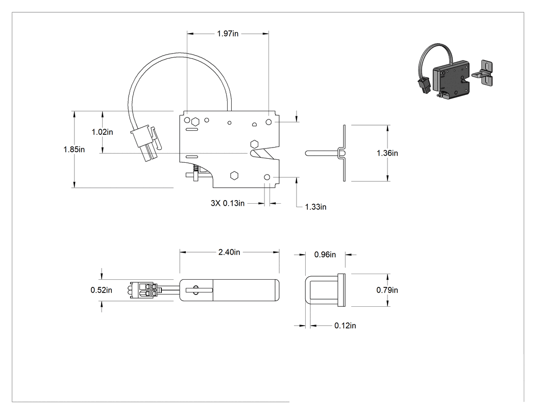 Teknik Çizim - Elektronik Uzaktan Kumandalı Döner Mandal, Molex Mini-Fit Bağlantı, 200 lbs. Maksimum Çekme Mukavemeti