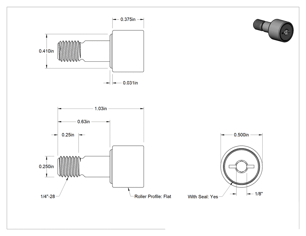 Teknik Çizim - Vidalı Siyah Oksit Çelik Ray Makarası, Contalı, 1/2" Makara Çapı, 3/8" Silindir Genişliği, 1/4" Saplama Çapı