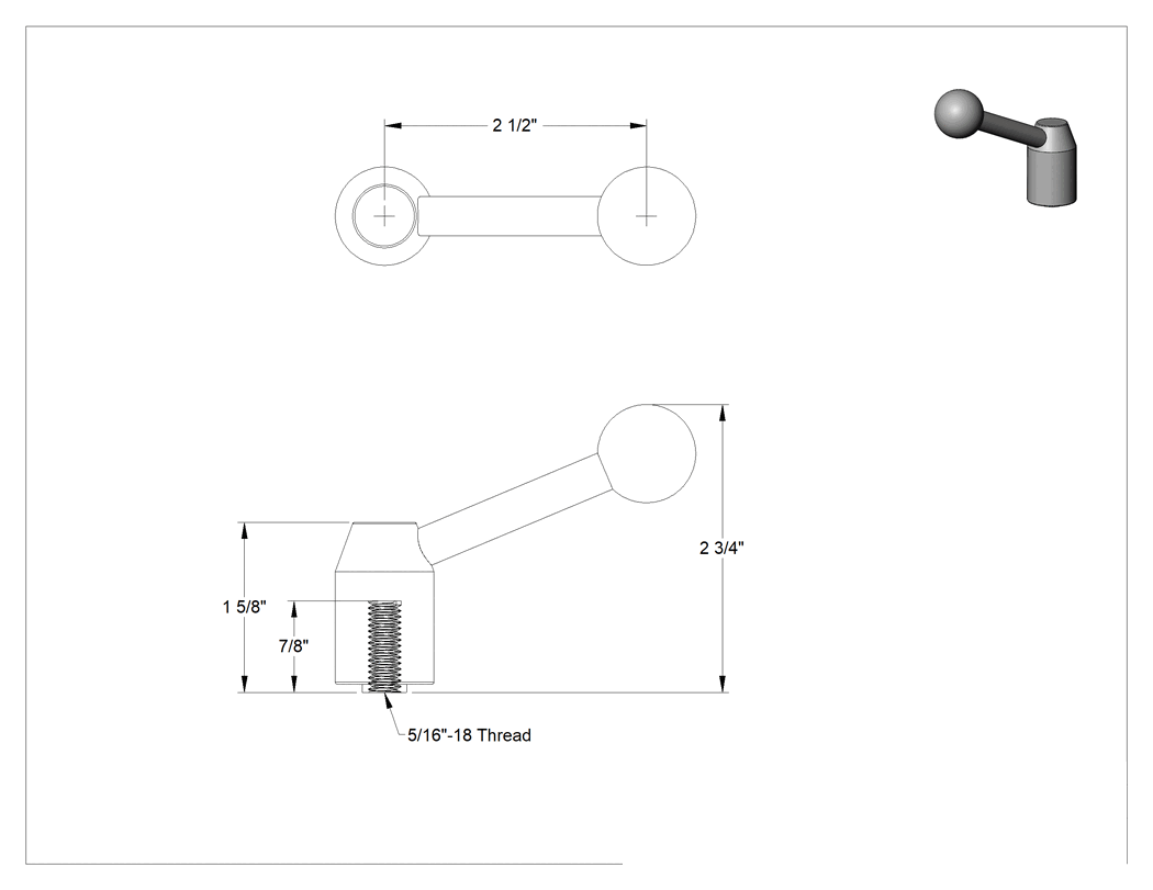 Teknik Çizim - Çelik Ayarlanabilir Tutamak, 5/16"-18 Dişli Delik, 2-3/4" Çıkıntı