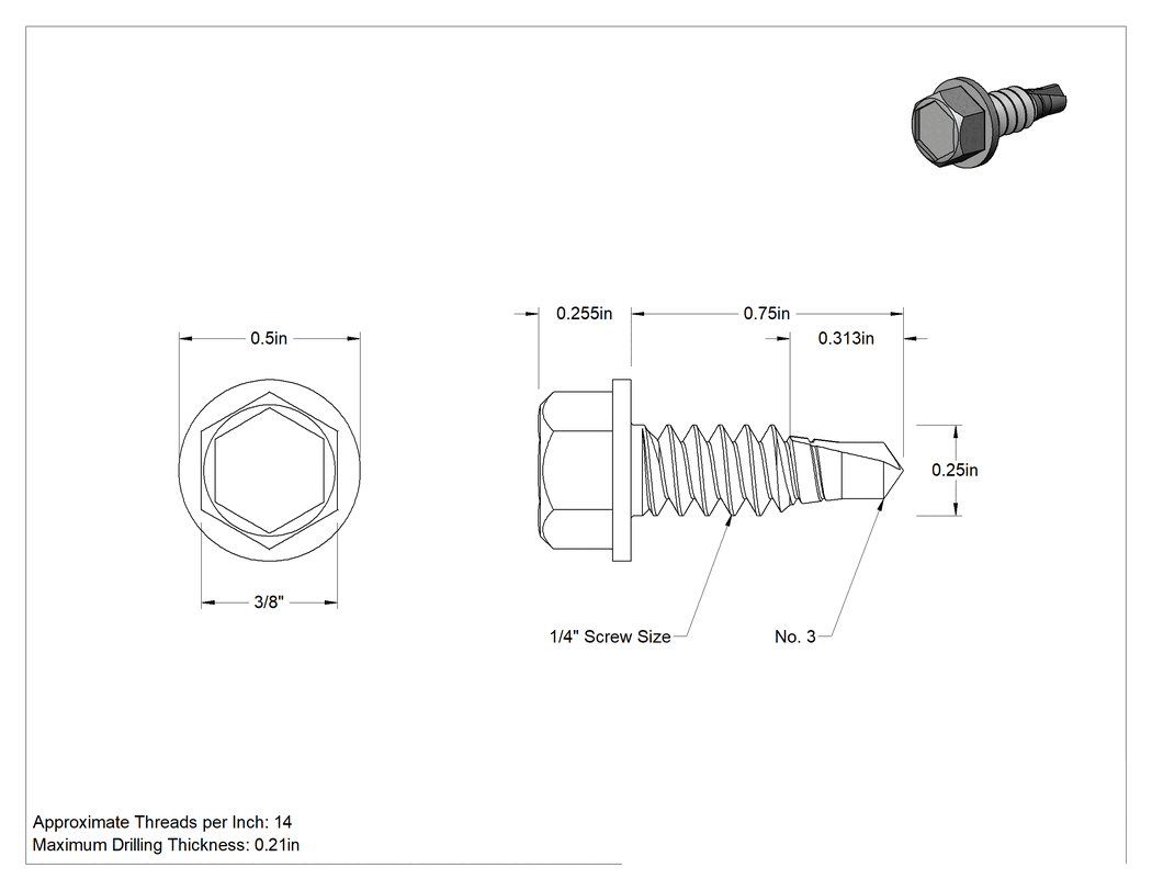 Teknik Çizim - Flanşlı Altıköşe Başlı Delme Vidaları, Paslanma ve Aşınmaya Dayanıklı Kaplamalı Çelik, 1/4" Boyut, 3/4" Uzunluk