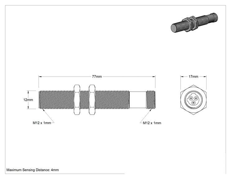 Teknik Çizim - Uzun Mesafeli Metal Nesne Yakınlık Anahtarı, AC, 3 Kutuplu Mikro M12 Konektörli Gömme, 12 mm Çap