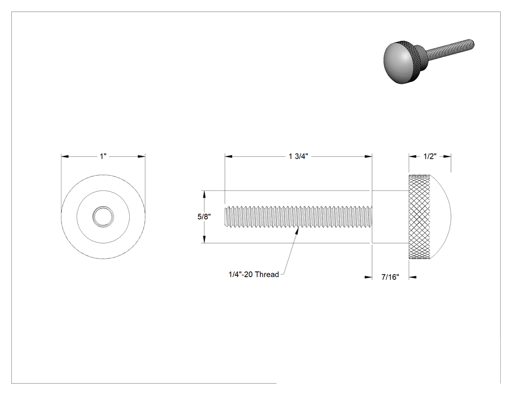 Teknik Çizim - Alüminyum Tırtıllı Avuç İçi Tutma Düğmesi, 1/4"-20 Diş Boyutu, 1-3/4" Uzunluğunda Saplama