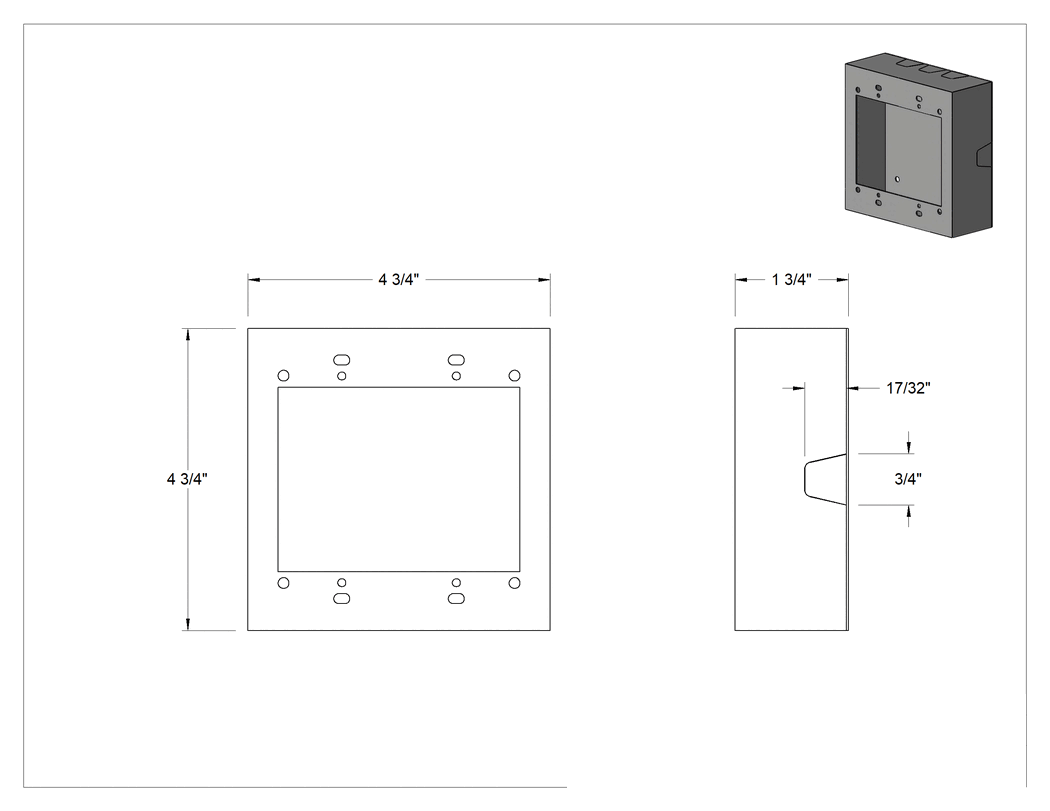 Teknik Çizim - 3/4" Genişlik x 17/32" Derinlikte Düşük Profilli Kablolama Kanalı için İki Cihazlı Priz Kutusu