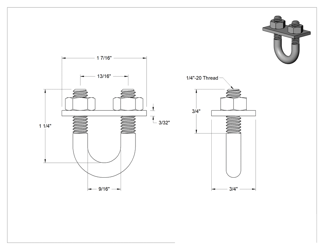 Teknik Çizim - Siyah Oksit Çelik U Cıvatası, Montaj Plakalı, 1/4"-20 Diş Boyutu, 9/16" İç Çap