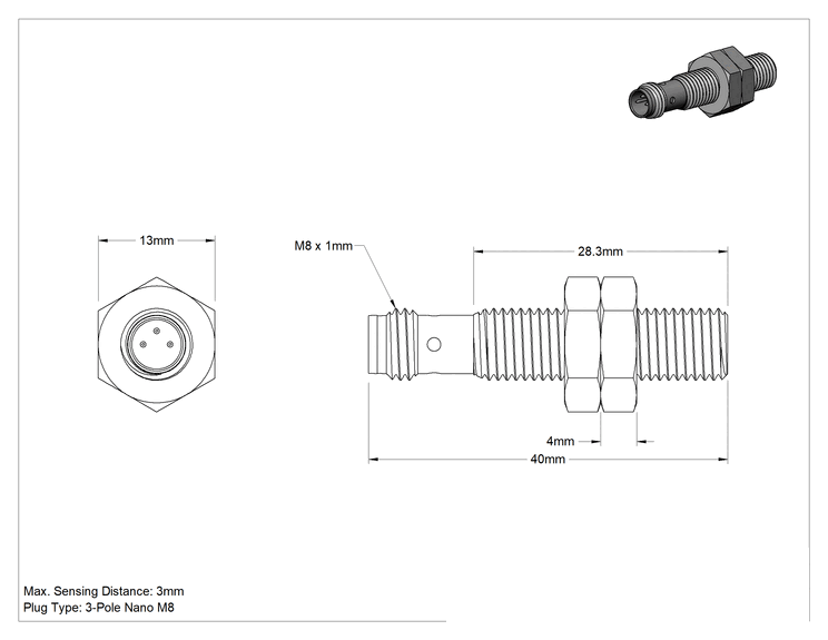 Teknik Çizim - DC Metal Nesne Yakınlık Anahtarı, Paslanmaz Çelik, Nano M8 Fişli Gömme, 8 mm Çap, 40 mm Uzunluk