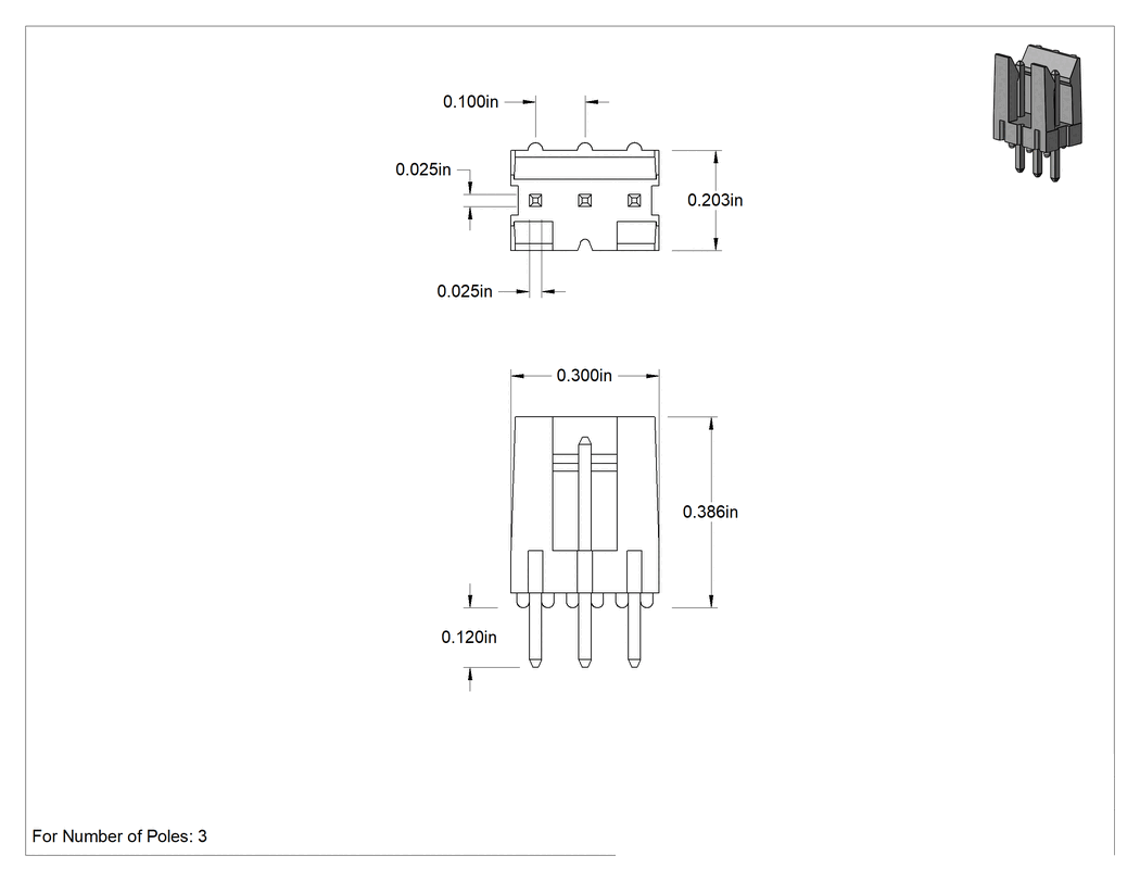 Teknik Çizim - 3 Kutuplu Başlıklar, Amphenol Devre Kartı Konektörleri için 1 Satır x 3 Sütun