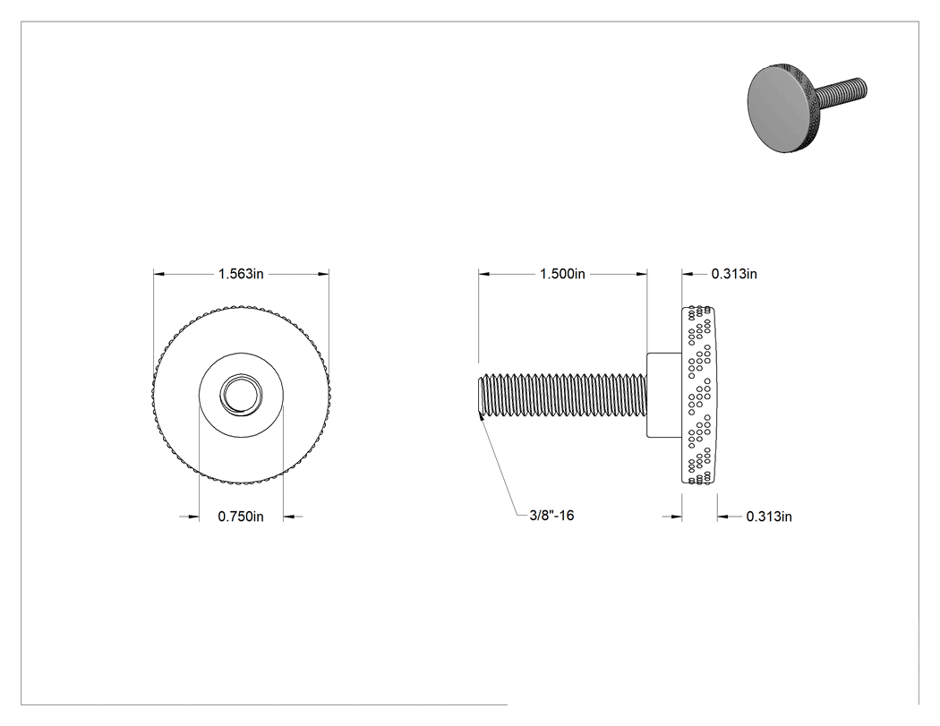 Teknik Çizim - Rahat Tutuşlu Plastik Tırtıllı Düğme, 3/8"-16 Dişli 1-1/2" Uzunlukta Saplamalı, 1-9/16" Baş Çapı