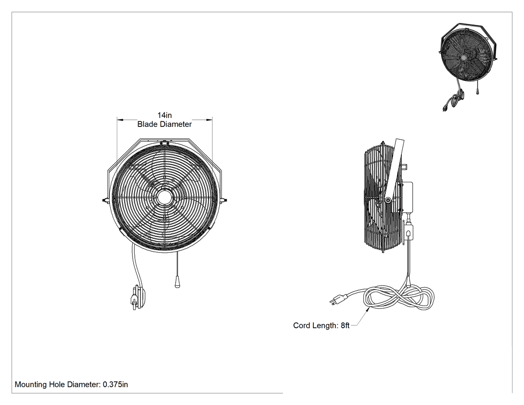 Teknik Çizim - Premium Fan, Duvar Montajı, Salınım Yapmayan, 14" Bıçak Çapı, 1000 CFM