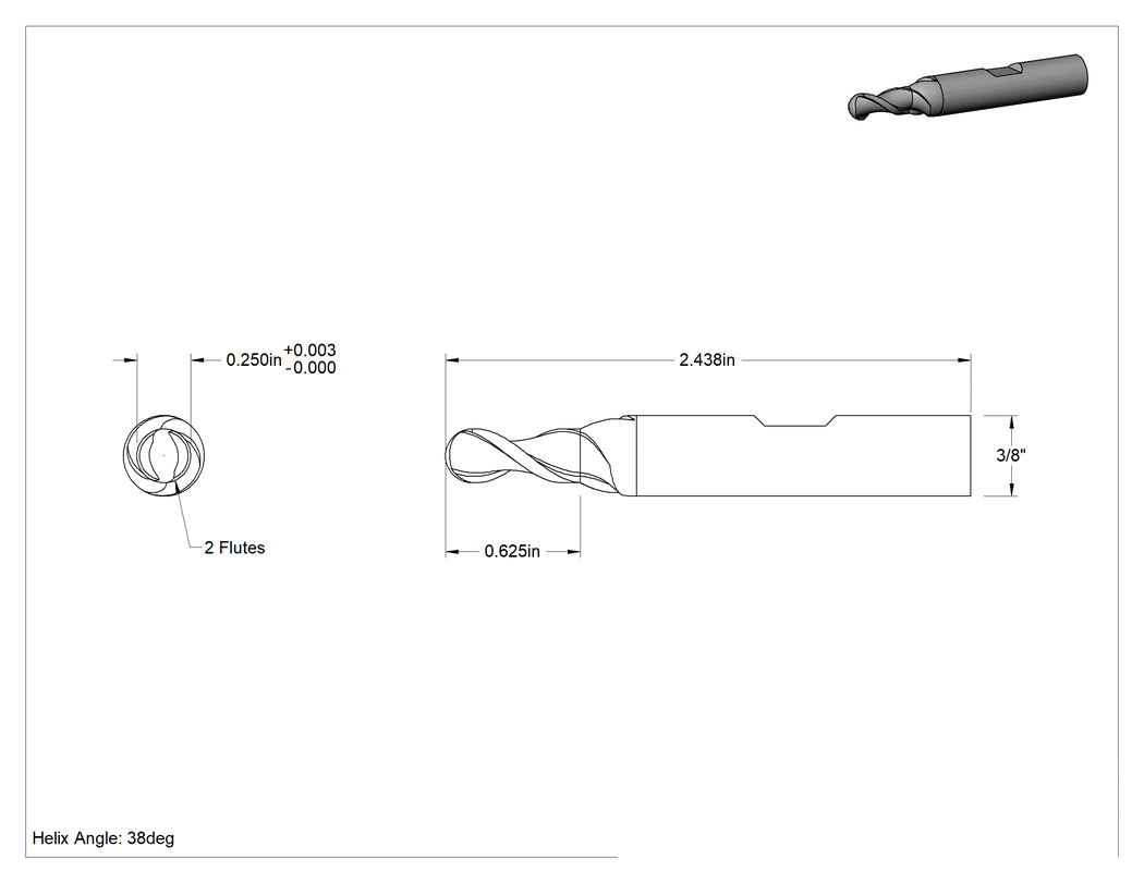 Teknik Çizim - Alüminyum için Yüksek Hızlı Çelik Bilyalı Uçlu Freze, 1/4" Freze Çapı, 2-7/16" Toplam Uzunluk
