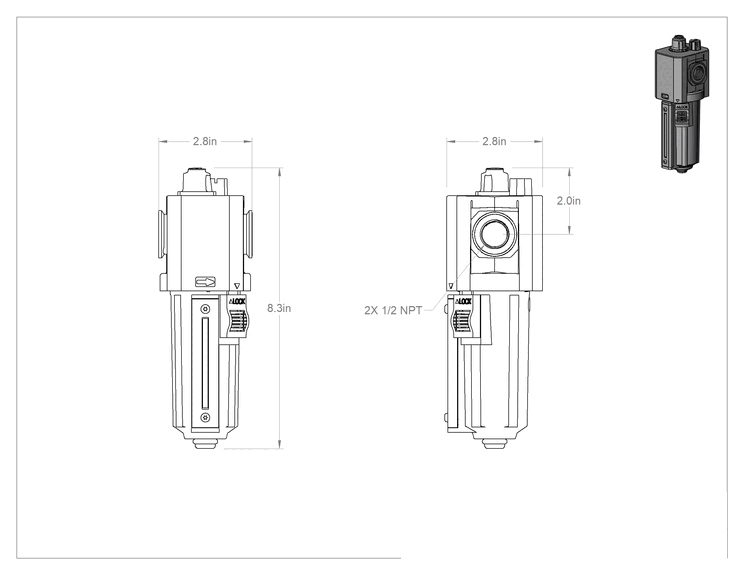 Teknik Çizim - Paslanma ve Aşınmaya Dayanıklı Basınçlı Hava Yağlayıcı, ABS Kaplamalı Alüminyum Gövde, 1/2 NPT Dişi