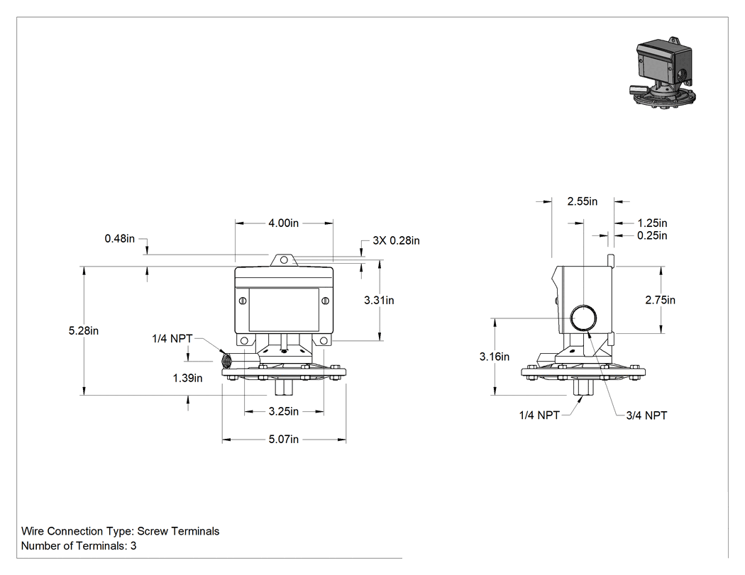 Teknik Çizim - Sıvılar için Diferansiyel Basınç Şalteri, NEMA 4x, NEMA 13 ve IP66, 4.5-30 inç H2O Ayar Noktası