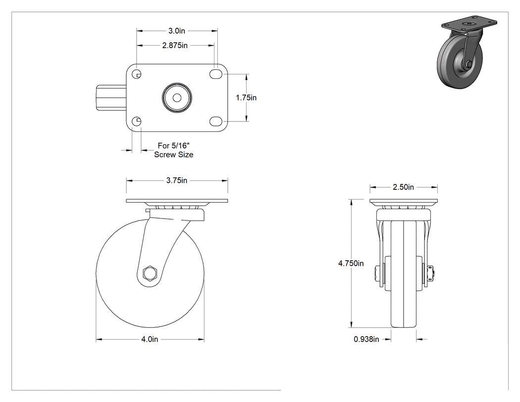 Teknik Çizim - Statik Kontrol Plakalı Tekerlek, 4" Çapında x 15/16" Genişliğinde Siyah Katı Kauçuk Tekerlekli Döner Tekerlek