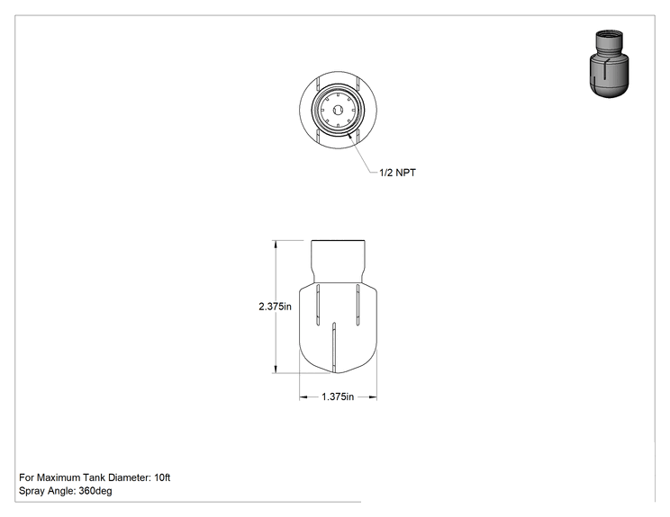 Teknik Çizim - 316 Paslanmaz Çelik Dönen Tank Yıkama Nozulu, 1/2 NPT Dişi, 20 PSI'da 14.3 gpm Akış Hızı