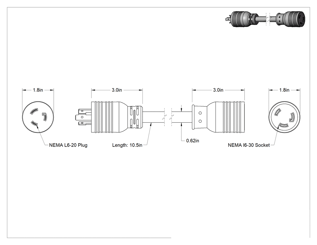 Teknik Çizim - NEMA L6-20 Fiş x NEMA L6-30 Priz Adaptörü