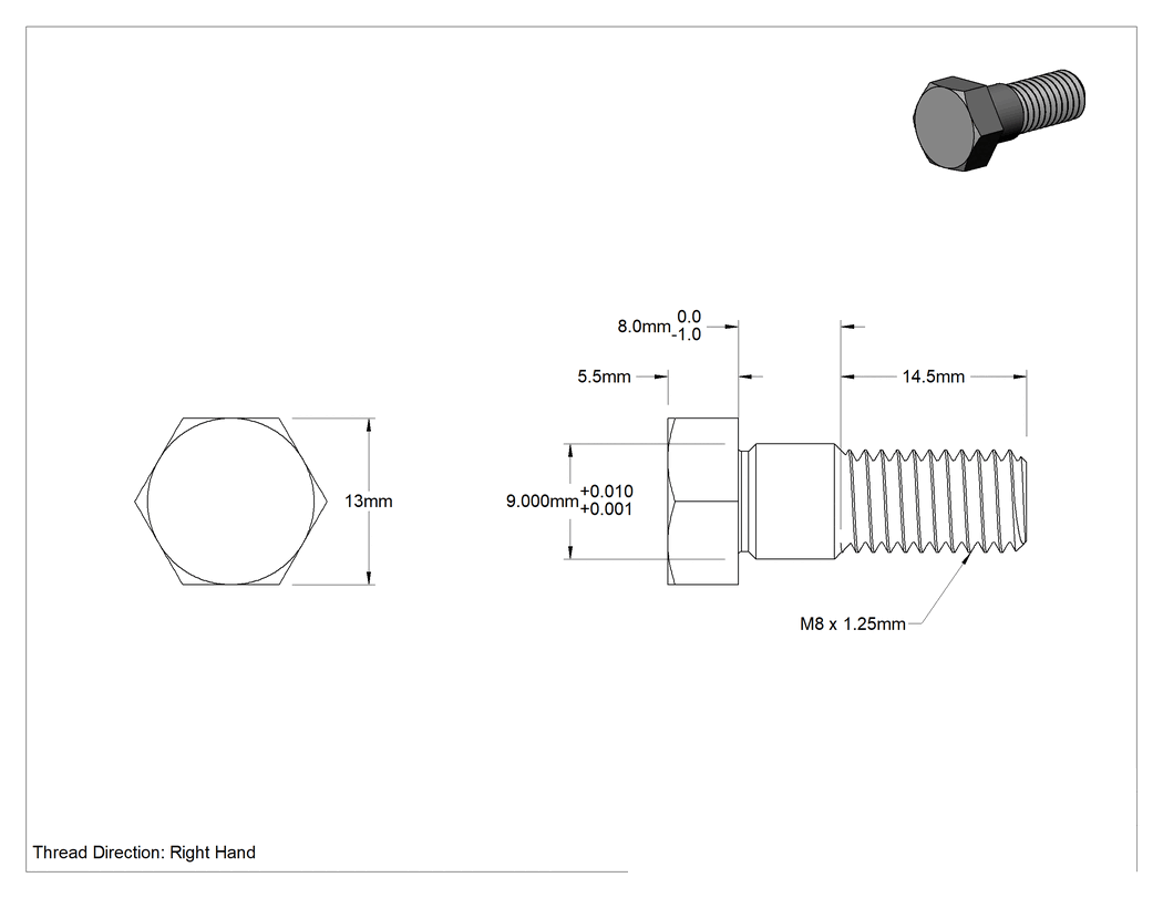 Teknik Çizim - Çelik Altıköşe Başlı Omuzlu Vida, 9 mm Omuz Çapı, 8 mm Omuz Uzunluğu, M8 x 1.25 mm Diş