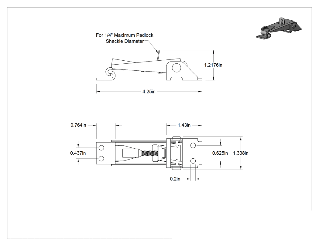 Teknik Çizim - Ayarlanabilir Tutamaklı Çekme Mandalı, Asma Kilitlenebilir, Çinko Kaplı Çelik, 4-1/4" Uzunluk x 1-5/16" Genişlik