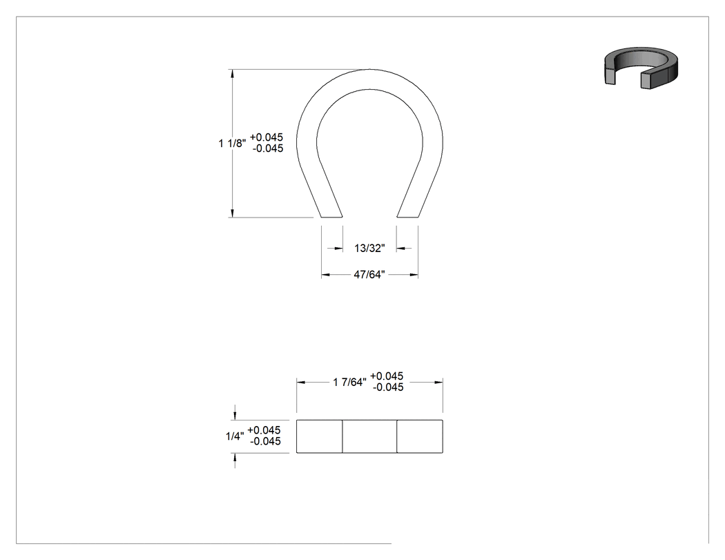 Teknik Çizim - Alnico At Nalı Mıknatısı, 1/4" Kalınlığında x 1-7/64" Genişliğinde