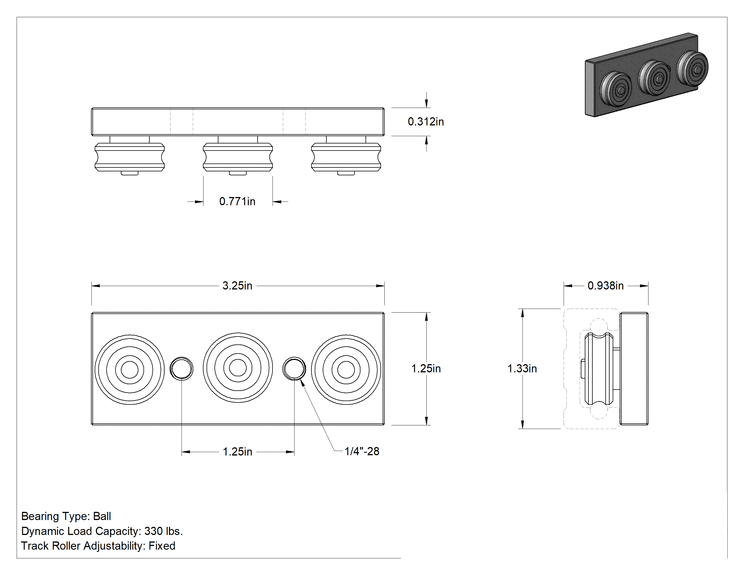 Teknik Çizim - Yan Montajlı Raylı Makara Taşıyıcı, Sabit Makaralı Alüminyum, 1.328" genişlikte ray için
