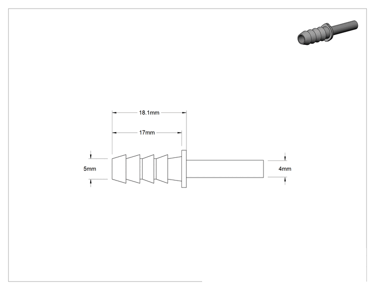 Teknik Çizim - Hava için Bas-Bağlan Boru Bağlantı Parçası, Adaptör, 4 mm Gövde Dış Çapı x 5 mm Tırnaklı Boru İç Çapı