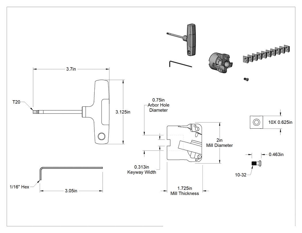 Teknik Çizim - Değiştirilebilir Karbür Uçlu Freze Bıçağı, Alüminyum ve Bakır için Kit, Kare Uçlar, 2" Kesici Çapı