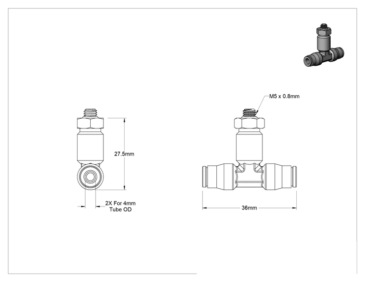 Teknik Çizim - Hava ve Su için Bas-Bağlan Boru Bağlantı Parçası, Yüksek Sıcaklık, T Adaptörü, 4 mm Boru Dış Çapı, M5 x 0.8 mm Erkek