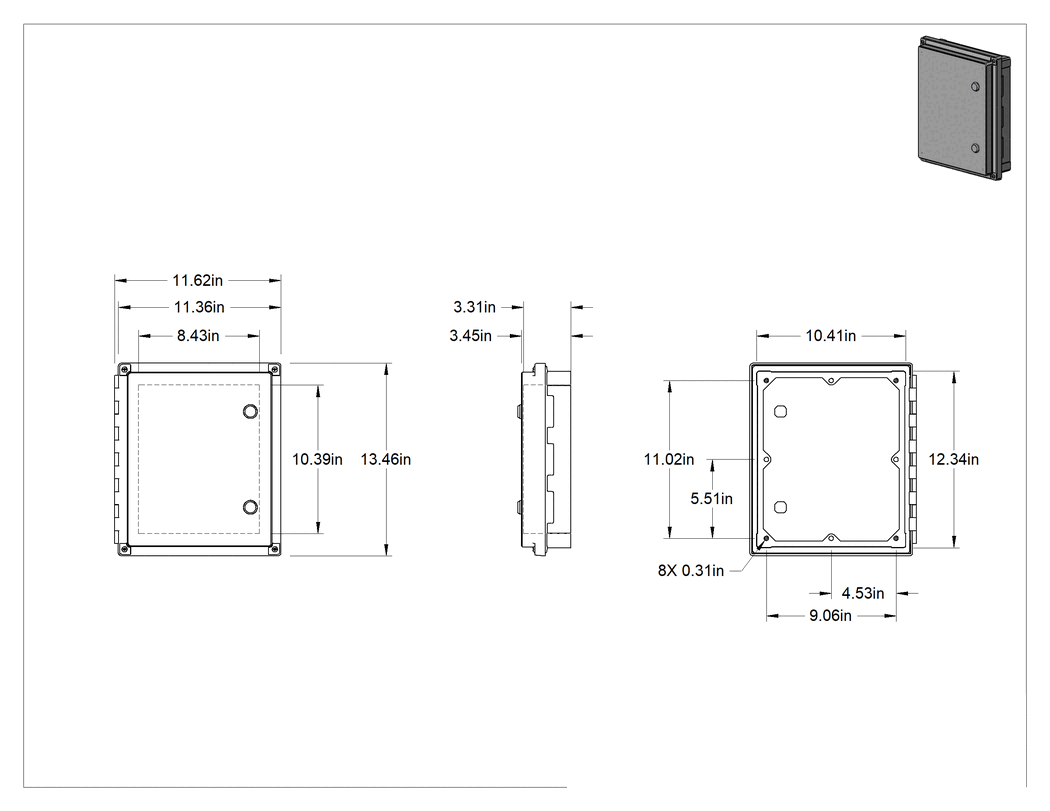 Teknik Çizim - Muhafazalar için Şeffaf HMI Kapağı, Vida Kapatma, Polikarbonat Pencere, 12" Yükseklik x 10" Genişlik
