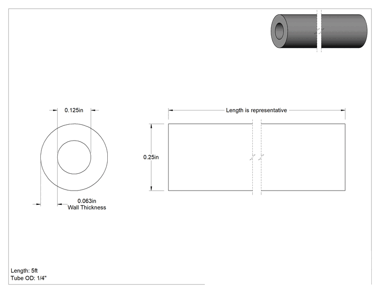 Teknik Çizim - Neme Dayanıklı Sert Asetal Plastik Boru, Hava ve Su için, 1/8" İç Çap, 1/4" Dış Çap, 5 Fit Uzunluk