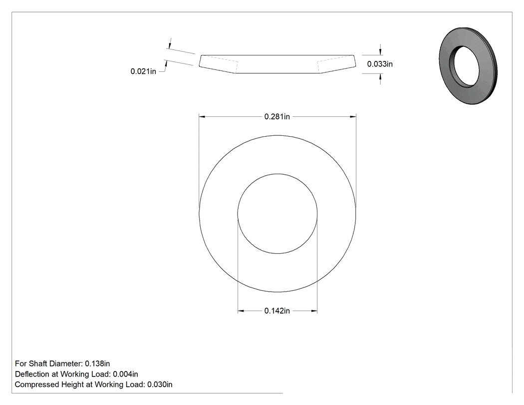 Teknik Çizim - Aşırı Sıcaklık Belleville Disk Yayı, 0.138" Mil Çapı için, 0.142" İç Çap, 0.281" Dış Çap, 0.021 inç Kalınlık