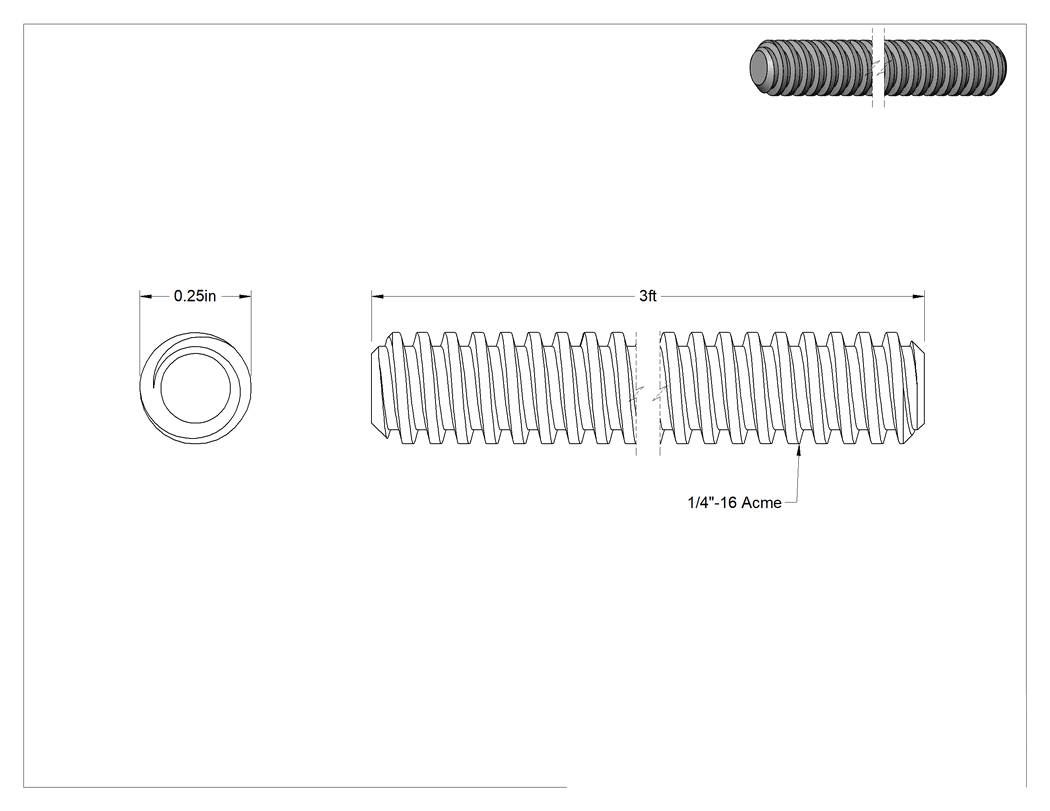 Teknik Çizim - 304 Paslanmaz Çelik Hassas Acme Kılavuz Vidası, Sağ Yönlü, 1/4"-16 Diş Boyutu, 3 Fit Uzunluk