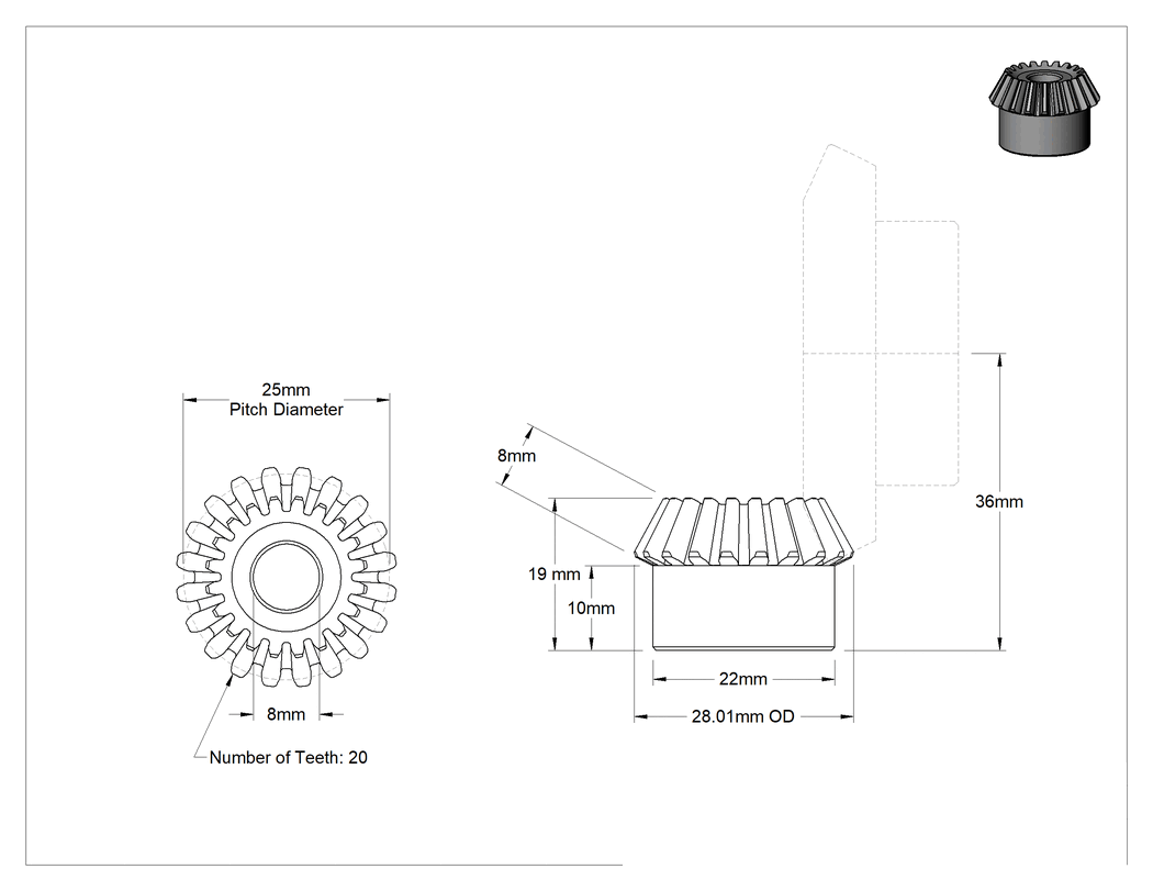 Teknik Çizim - Metal Pinyon, 8 mm Genişlik Yüzü, 1.25 Modül, 2:1