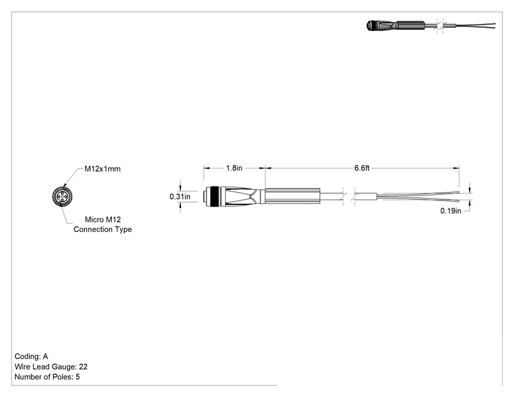 Teknik Çizim - Namur Mikro M12 Vidalı Konektör, Tel Uçlu Soketler, 6-1/2 Fit Kablo Ucu Uzunluğu