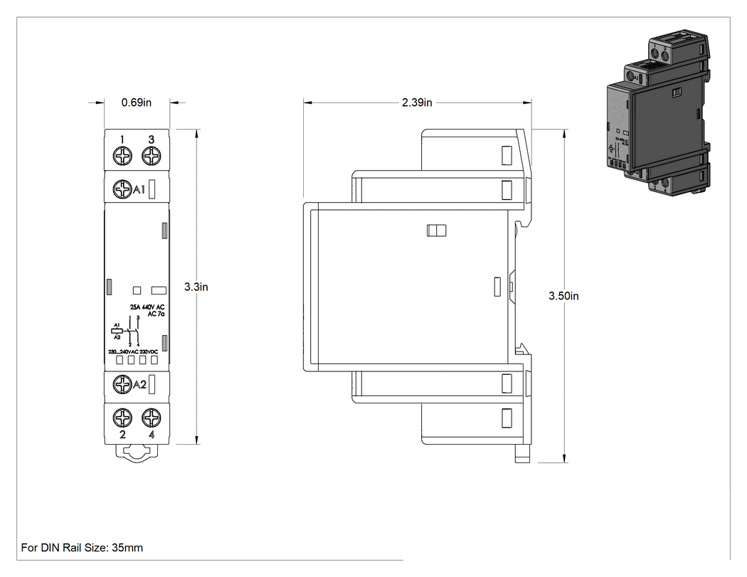 Teknik Çizim - DIN Rayı Montajlı Dokunmaya Dayanıklı Vidalı Klemensli Röle, DPST-NO, 6 Terminal, 24 V AC/DC Giriş
