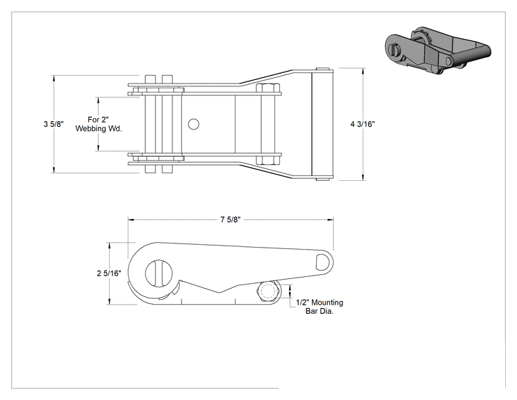 Teknik Çizim - Dokuma Kemer Tokası, Yük Kapasiteli, Dikilebilir, 2" Genişlikli Web, Çelik Cırcır