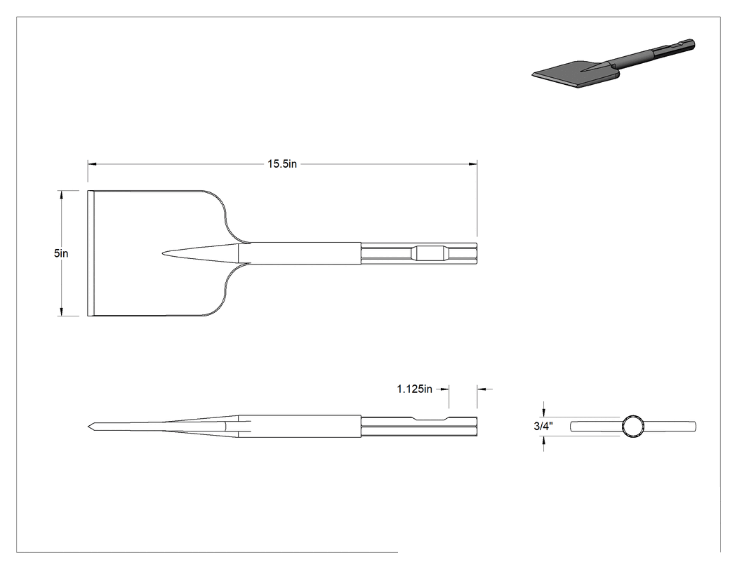 Teknik Çizim - Yıkım Çekiçleri için Altıgen Şaftlı Keski Ucu, 5" Genişlikte Asfalt Kesici Bıçak