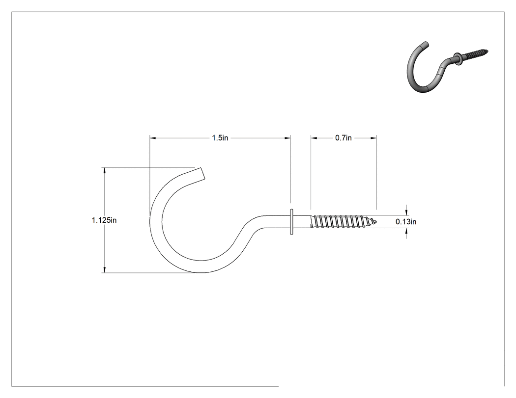 Teknik Çizim - Paslanmaz Çelik Vidalı Asma Kancası, Duvar ve Alt Montaj, 0.13" Tel Çapı, 1-1/2" Çıkıntı