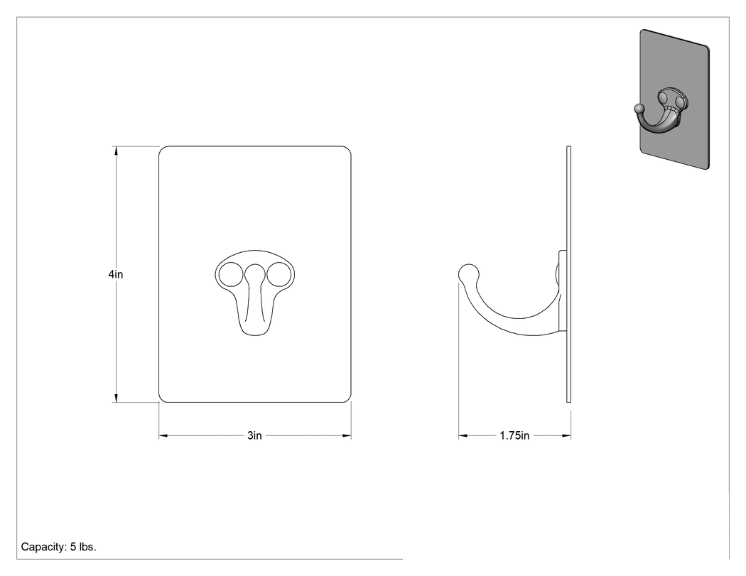 Teknik Çizim - Manyetik Arka Asma Kancası, Duvara Montaj, 3" Genişlik x 4" Yükseklik x 1-3/4" Derinlik